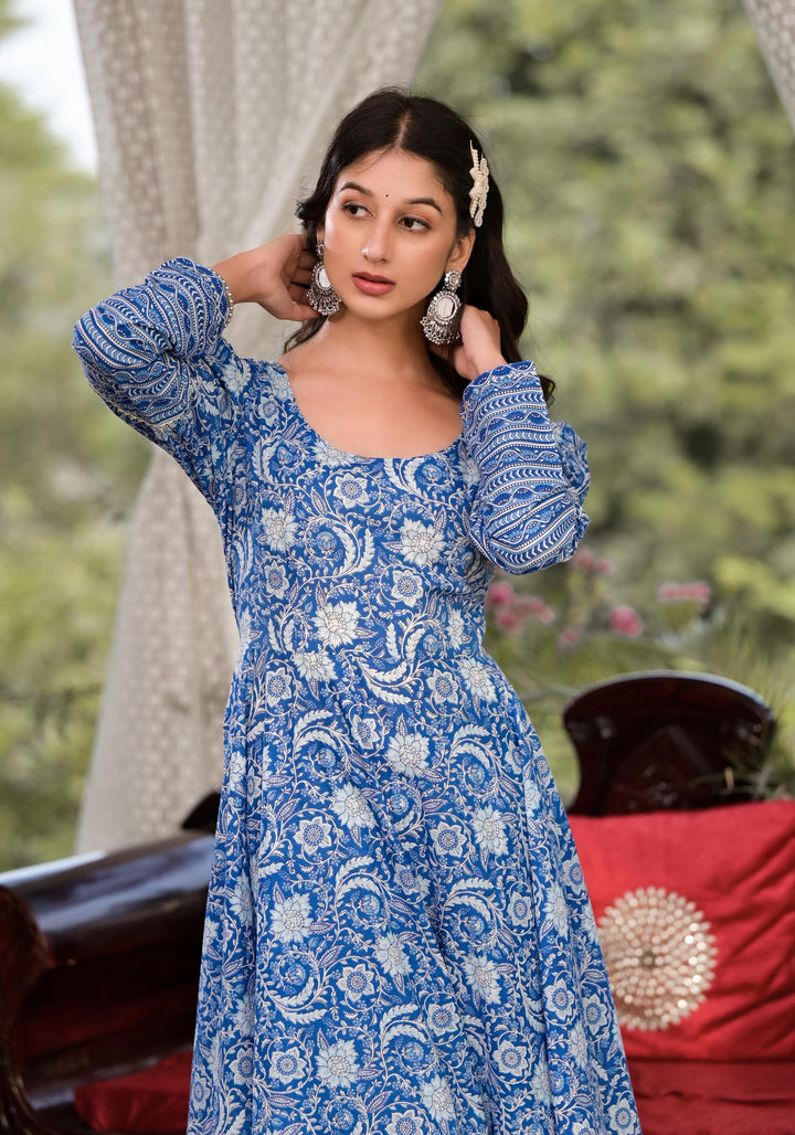 Divena Blue Gota Patti Cotton Anarkali Kurta Pant Sets