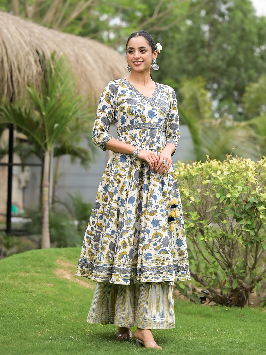 Divena offWhite Floral Print Cotton Kurta Sharara set for women – divena world