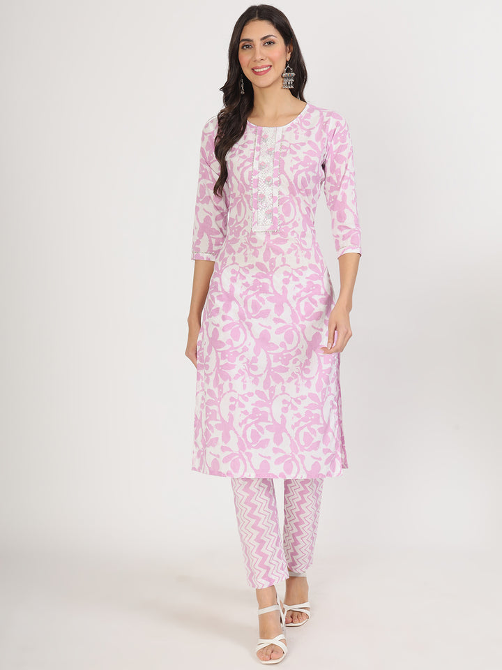 Divena Purple Floral Print Cotton Kurta pant with Dupatta set