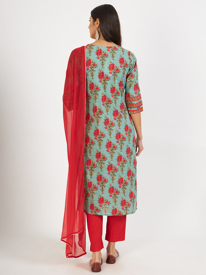 Divena Green Floral Print Cotton Kurta pant with Dupatta set