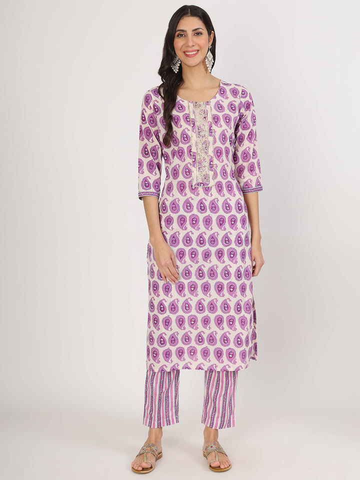 Divena Purple Floral Printed Straight Kurta Pant Set