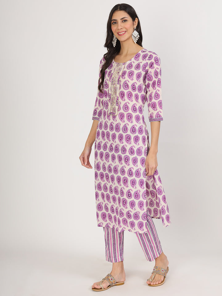 Divena Purple Floral Printed Straight Kurta Pant Set