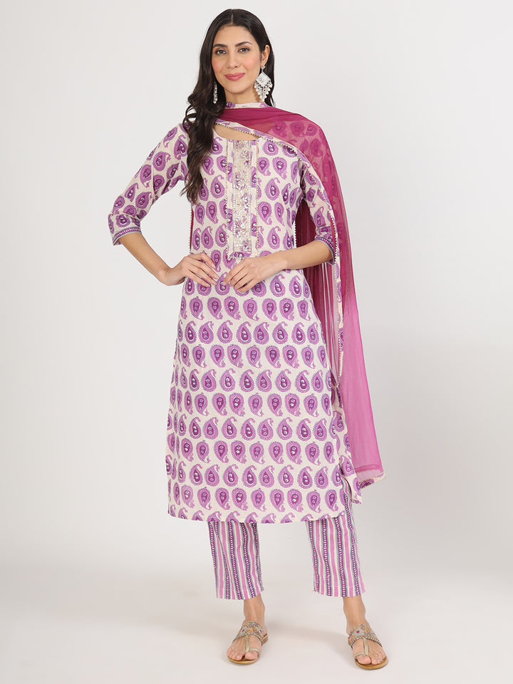 Divena Purple Floral Printed Straight Kurta Pant Set