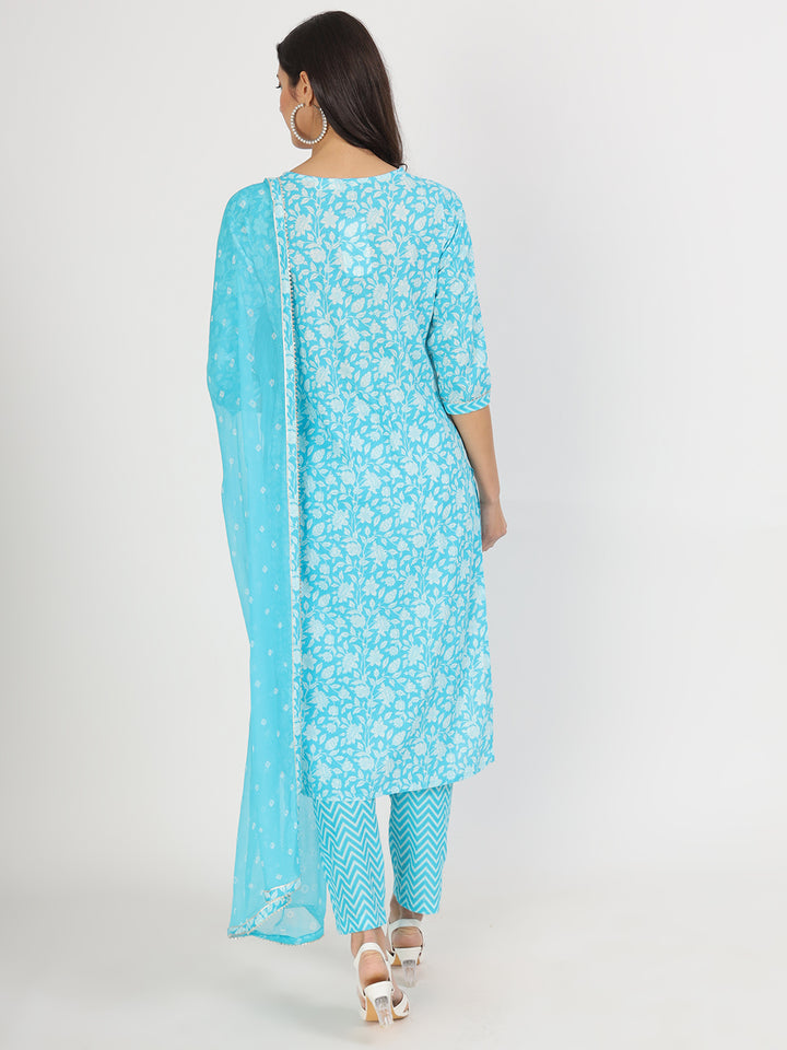Divena turquoise blue Floral Print Cotton Kurta pants with Dupatta set for women