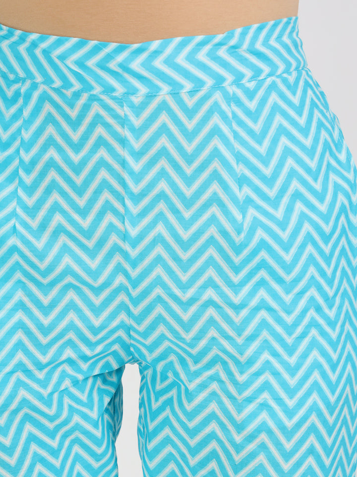 Divena turquoise blue Floral Print Cotton Kurta pants with Dupatta set for women