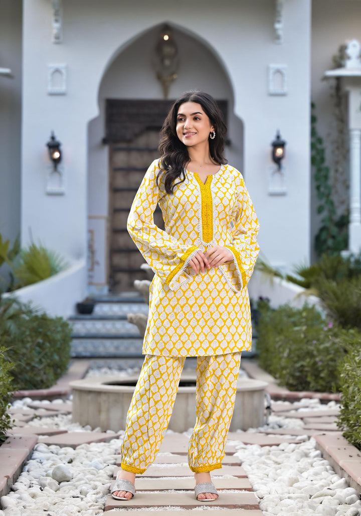 Divena Yellow Floral Print Rayon Kurta set for women