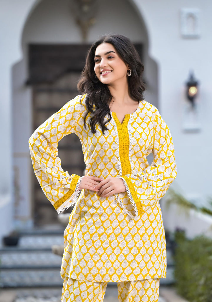 Divena Yellow Floral Print Rayon Kurta set for women