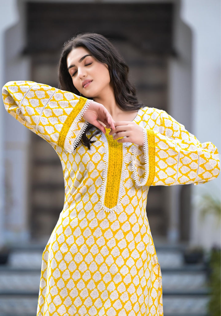 Divena Yellow Floral Print Rayon Kurta set for women