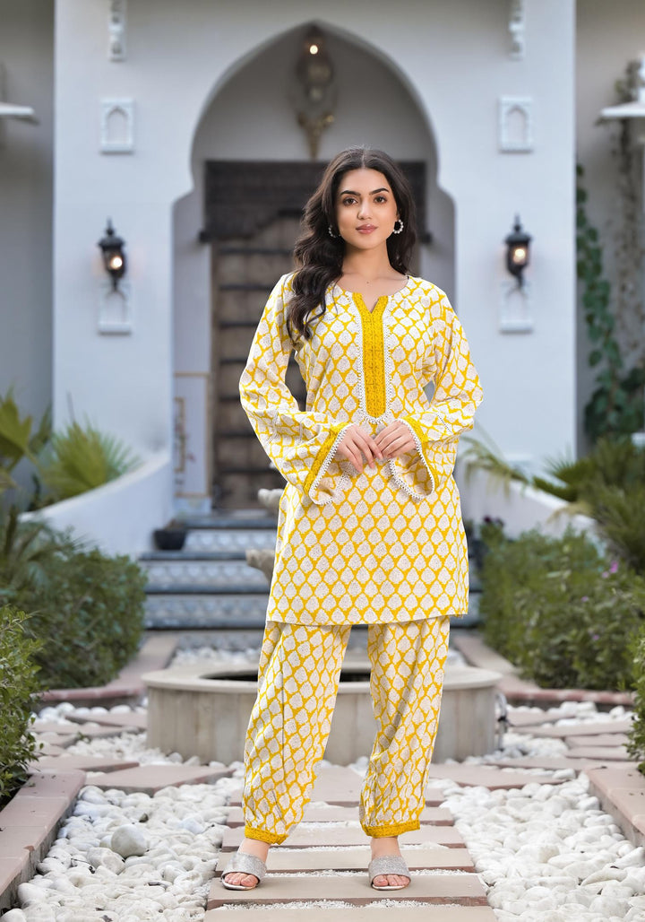 Divena Yellow Floral Print Rayon Kurta set for women