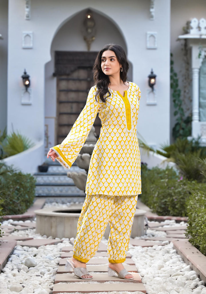 Divena Yellow Floral Print Rayon Kurta set for women