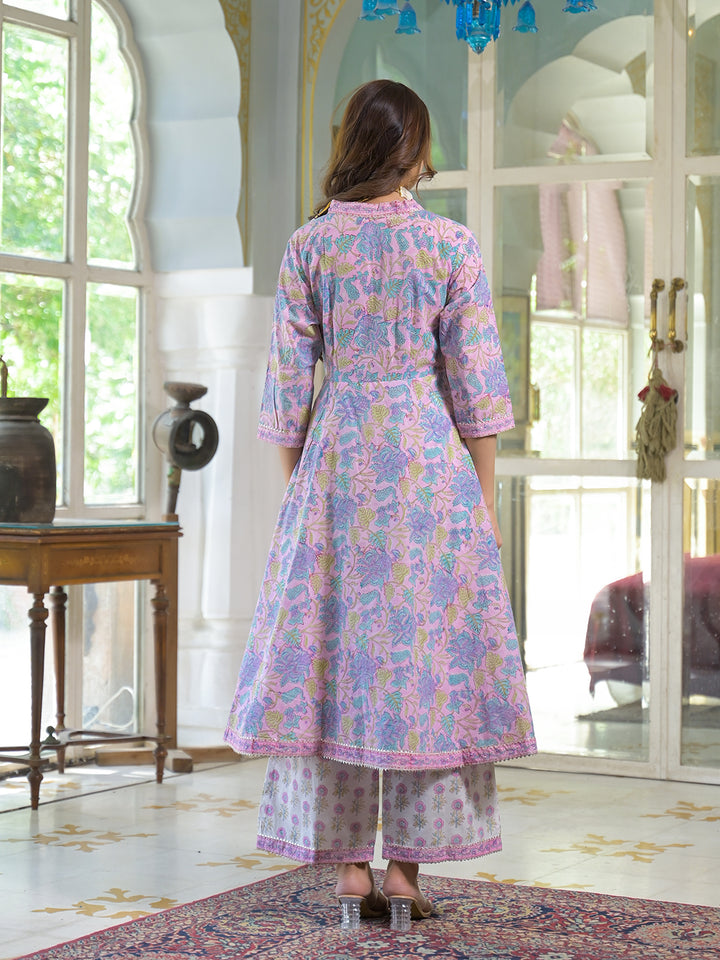 Divena Pink Cotton Block Print Angarakha Kurta Pant with Dupatta