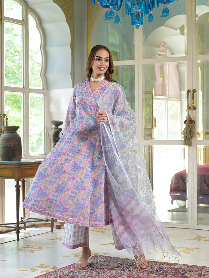 Divena Pink Cotton Block Print Angarakha Kurta Pant with Dupatta
