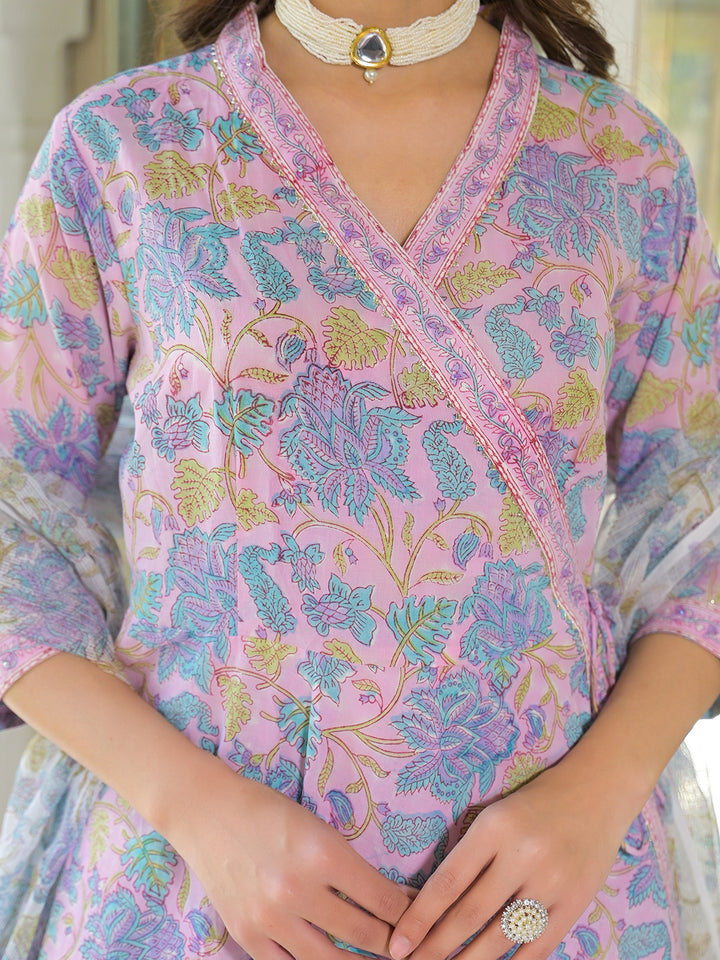 Divena Pink Cotton Block Print Angarakha Kurta Pant with Dupatta