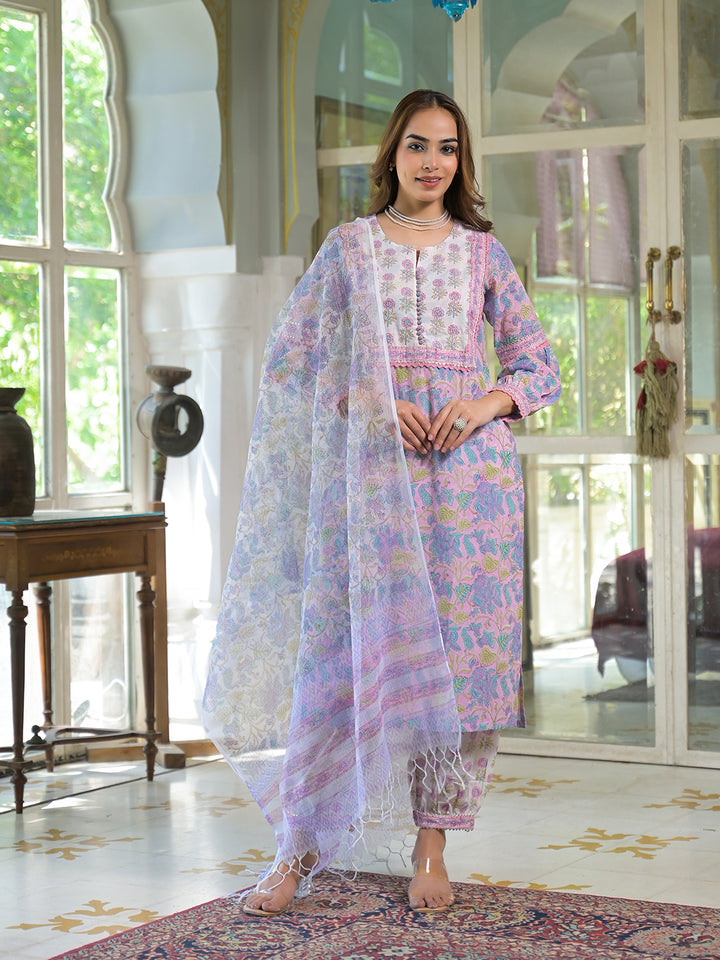 Divena Pink Cotton Block Print Straight Kurta Pant With Dupatta
