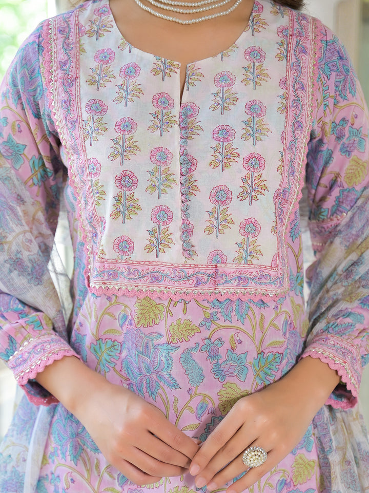Divena Pink Cotton Block Print Straight Kurta Pant With Dupatta