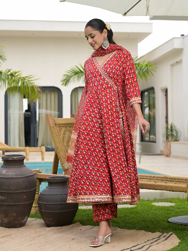 Divena Red Floral Printed Round Neck Pure Cotton Anarkali Kurta With Trousers & Dupatta