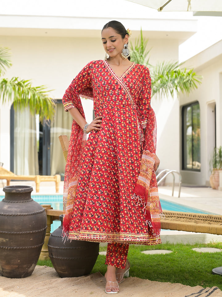 Divena Red Floral Printed Round Neck Pure Cotton Anarkali Kurta With Trousers & Dupatta