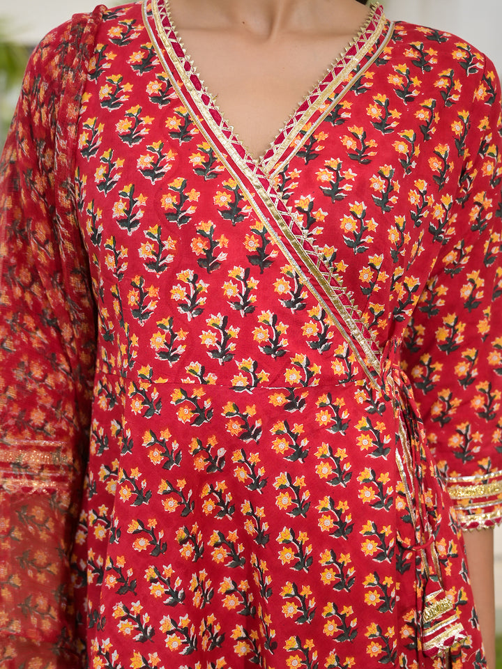 Divena Red Floral Printed Round Neck Pure Cotton Anarkali Kurta With Trousers & Dupatta