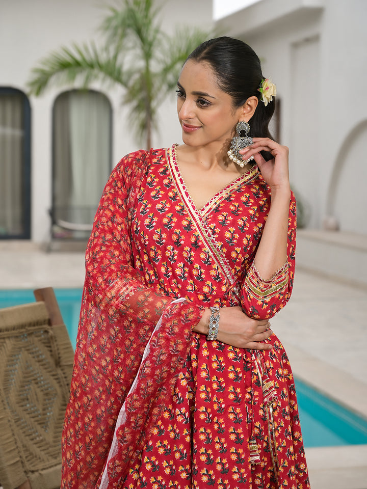 Divena Red Floral Printed Round Neck Pure Cotton Anarkali Kurta With Trousers & Dupatta
