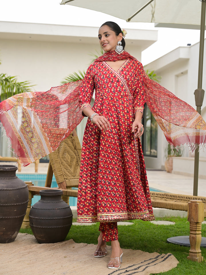 Divena Red Floral Printed Round Neck Pure Cotton Anarkali Kurta With Trousers & Dupatta