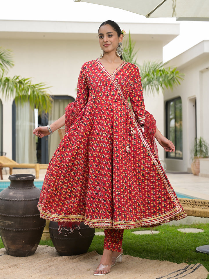 Divena Red Floral Printed Round Neck Pure Cotton Anarkali Kurta With Trousers & Dupatta
