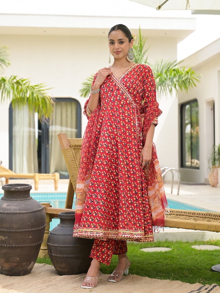 Divena Red Floral Printed Round Neck Pure Cotton Anarkali Kurta With Trousers & Dupatta
