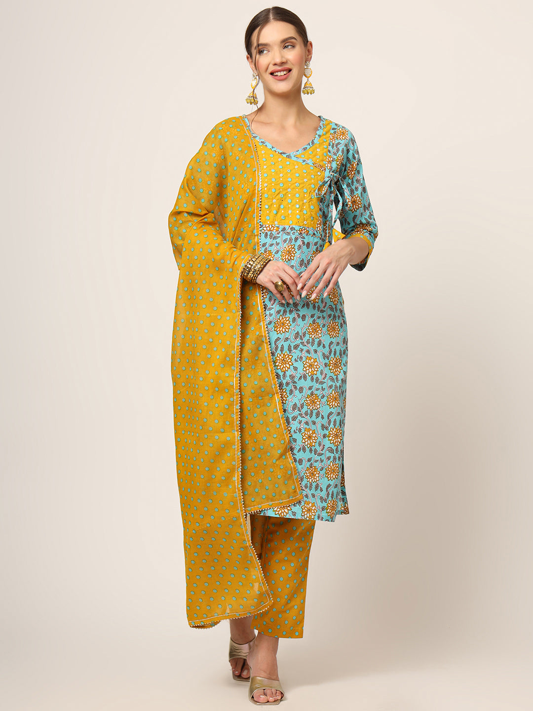 Divena Blue Floral Print Cotton Straight fit Kurta Set