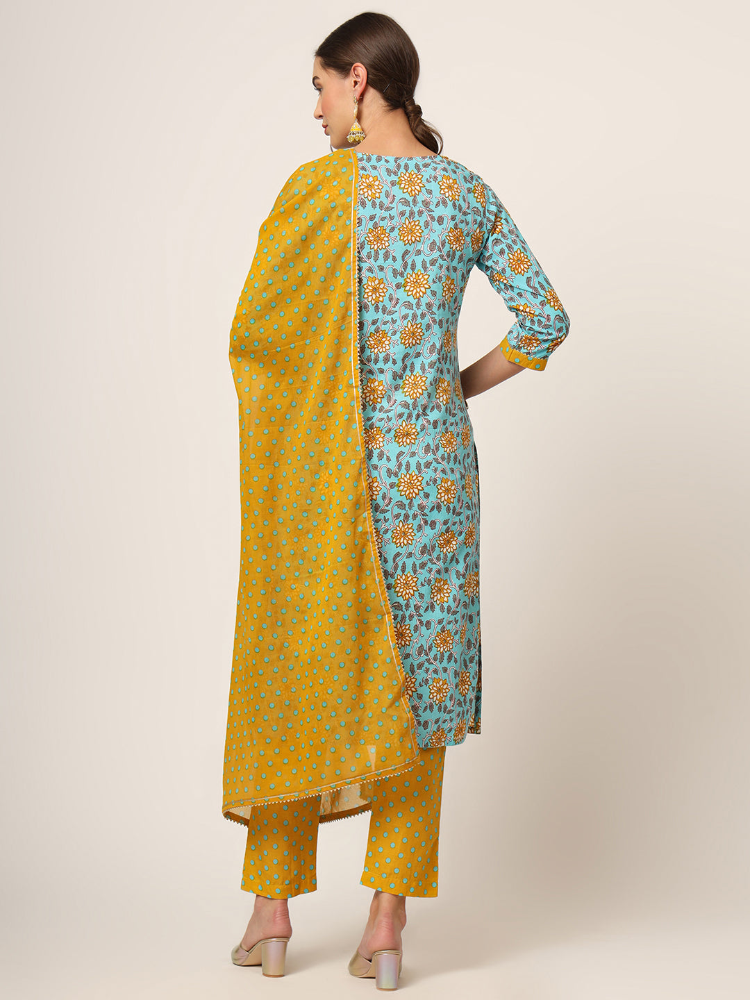 Divena Blue Floral Print Cotton Straight fit Kurta Set