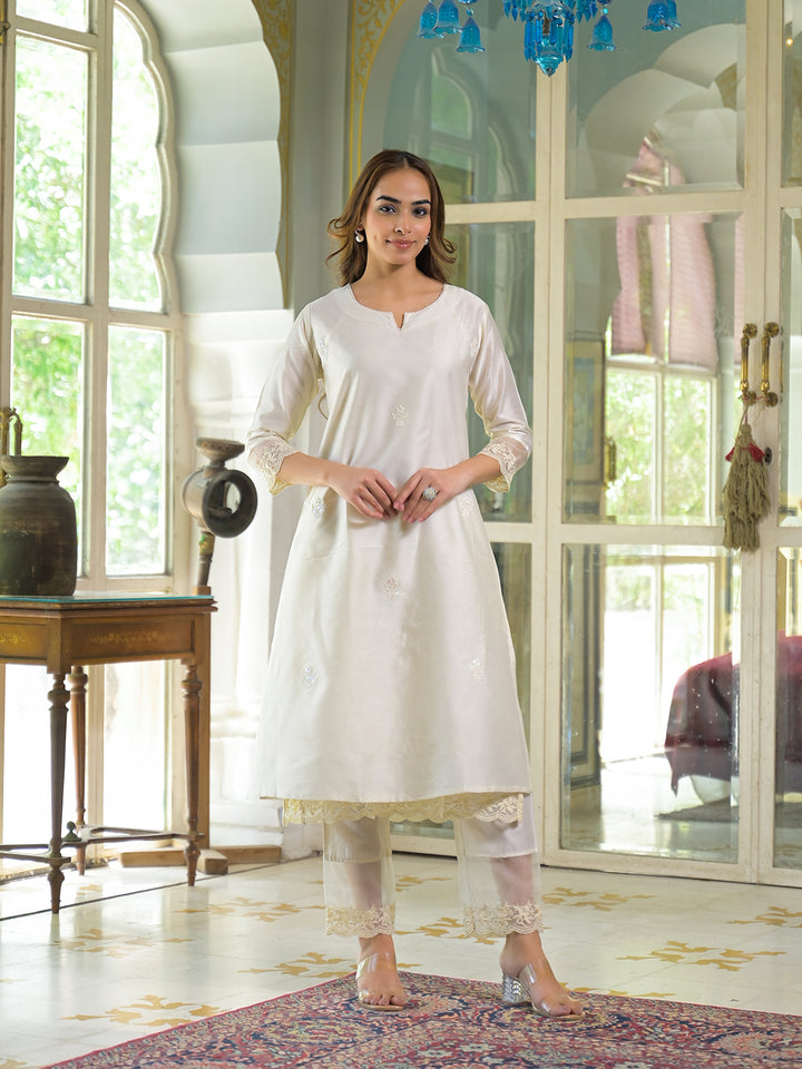 Divena Cream Chanderi Kurta Pant With Dupatta