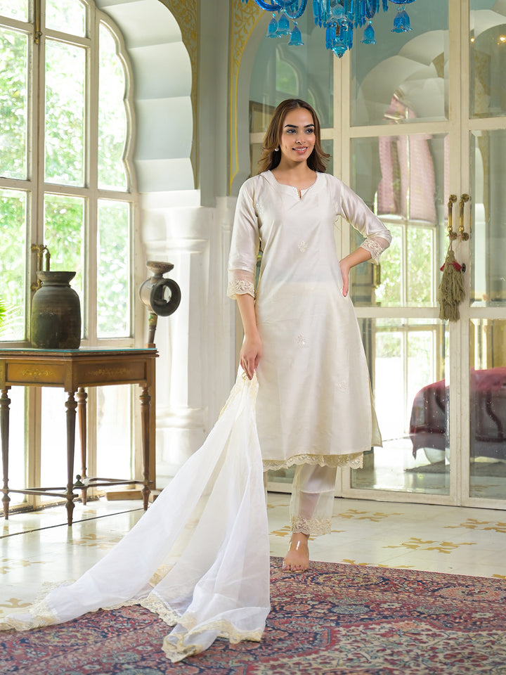 Divena Cream Chanderi Kurta Pant With Dupatta