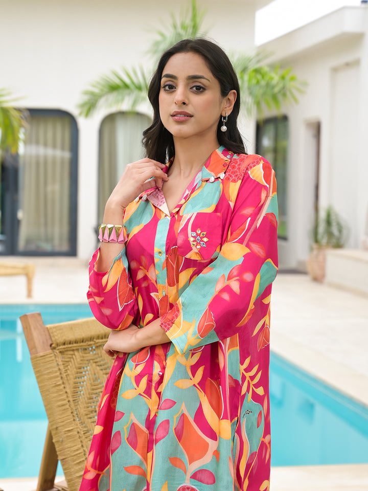 Divena Pink Multi Digital Printed Muslin Co-ord set