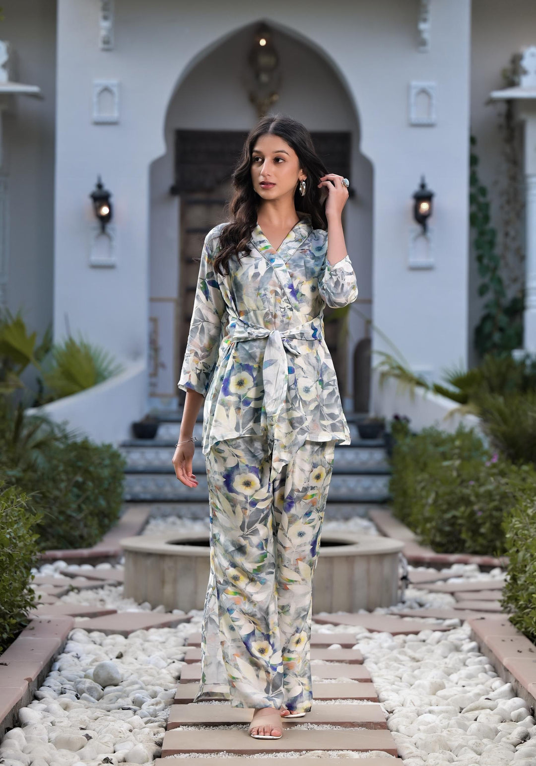 Divena Teal Digital Print Muslin Fabric Staright Co-ord set