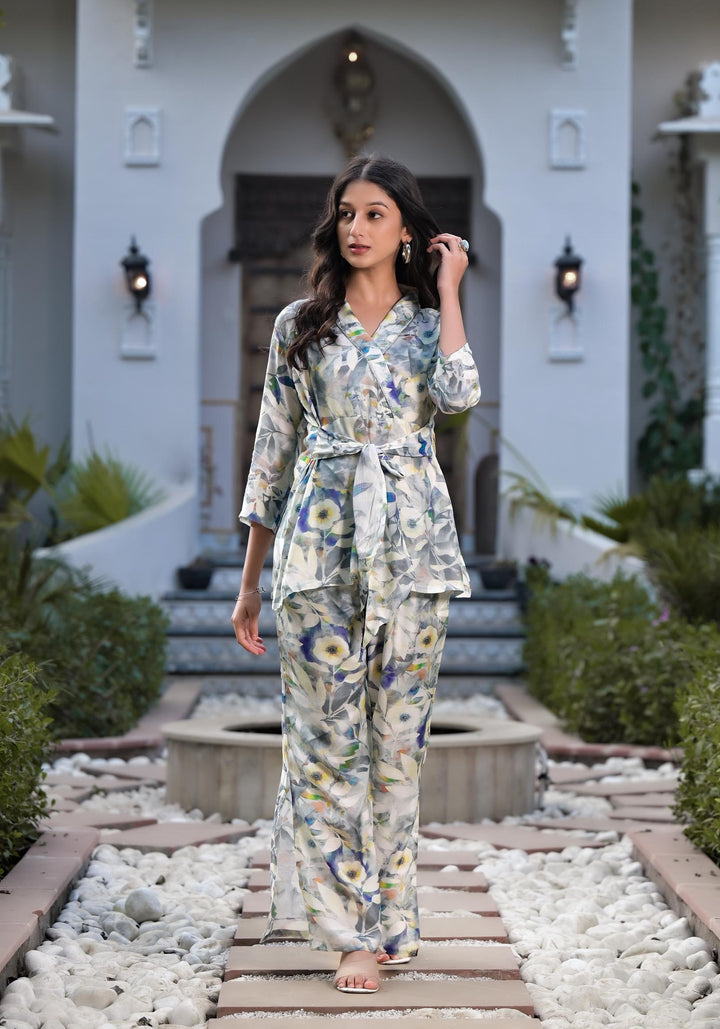 Divena Teal Digital Print Muslin Fabric Staright Co-ord set