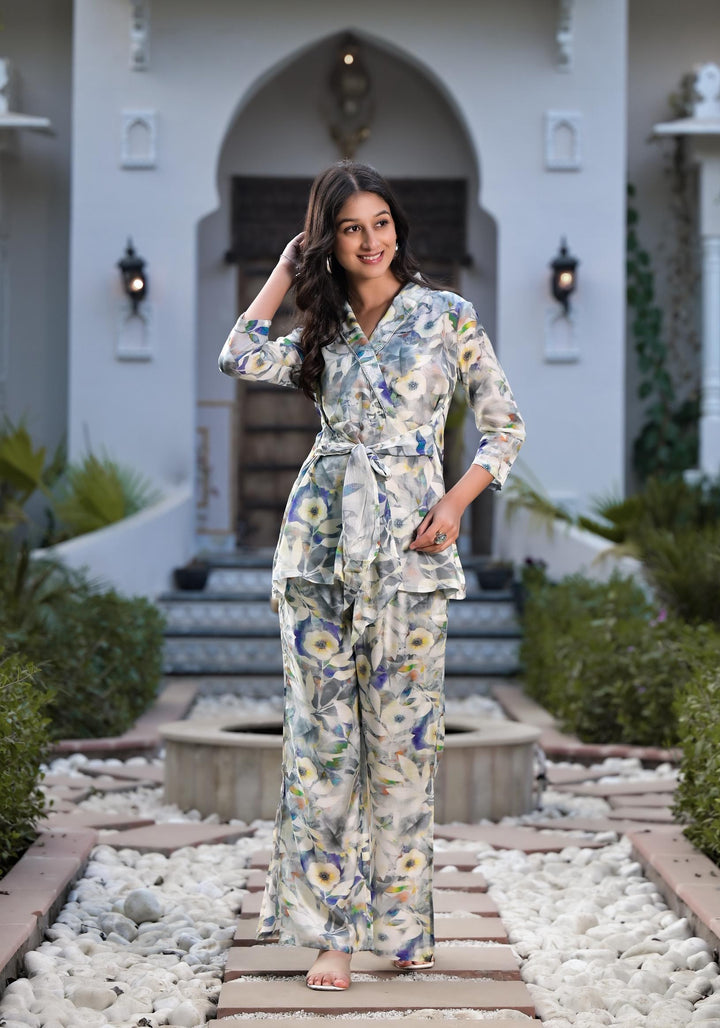 Divena Teal Digital Print Muslin Fabric Staright Co-ord set