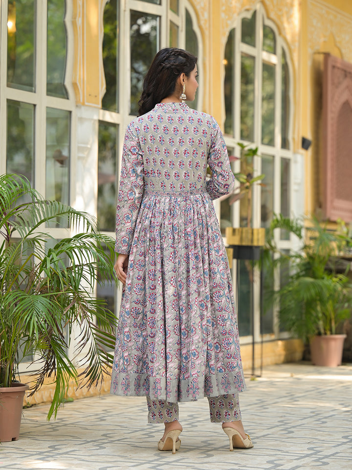 Divena Grey Floral Print Cotton Anarkali Kurta Trouser with Dupatta Set