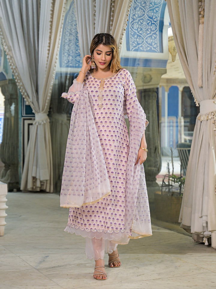 Divena Purple Hand Block Muslin Straight Kurta Pant With Dupatta