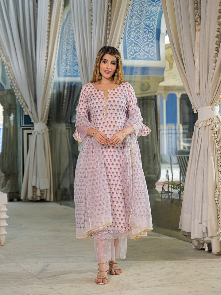 Divena Purple Hand Block Muslin Straight Kurta Pant With Dupatta