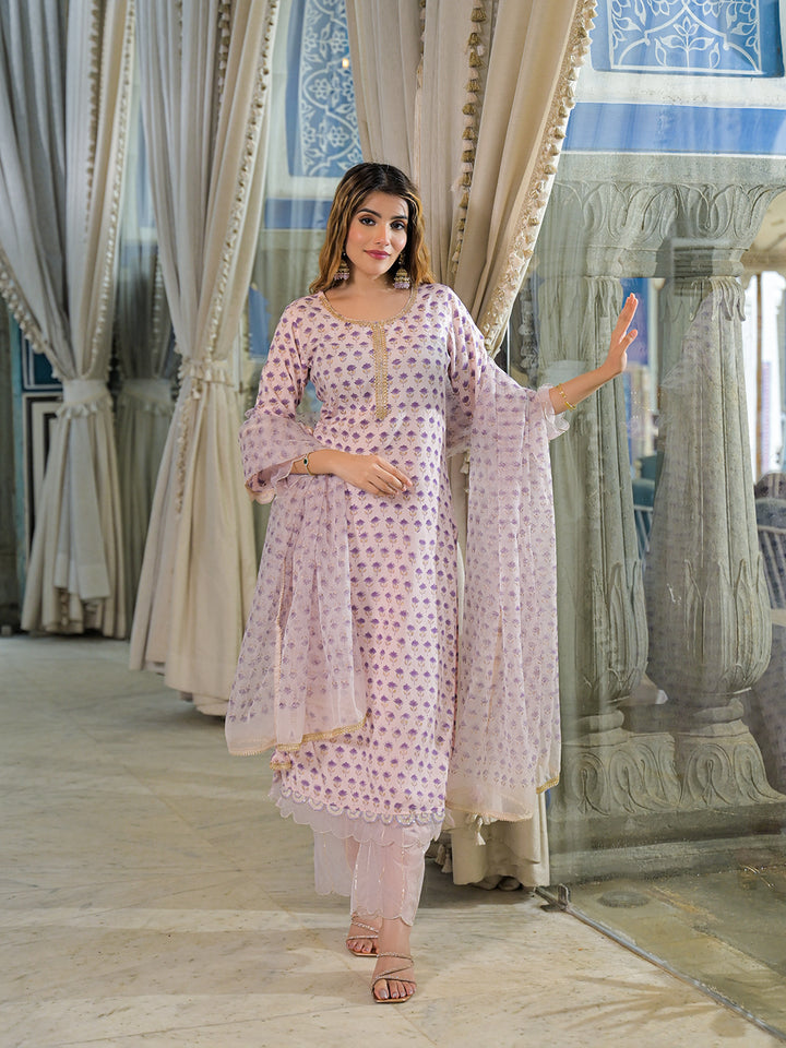 Divena Purple Hand Block Muslin Straight Kurta Pant With Dupatta