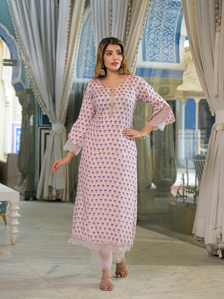 Divena Purple Hand Block Muslin Straight Kurta Pant With Dupatta