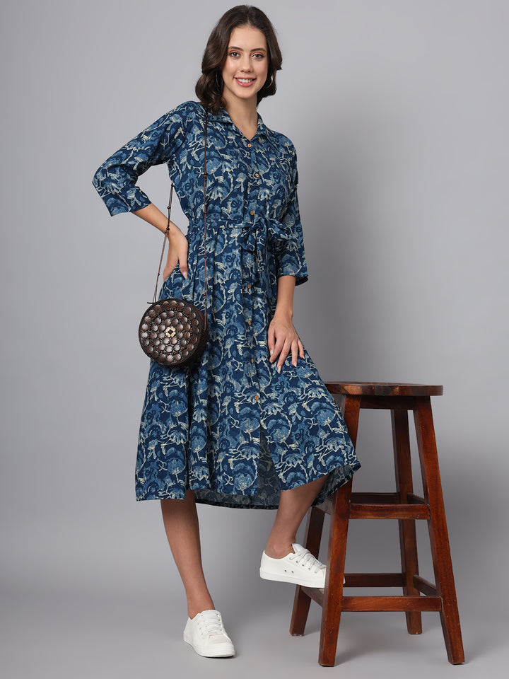 Divena Blue Floral Print Rayon Midi Dress