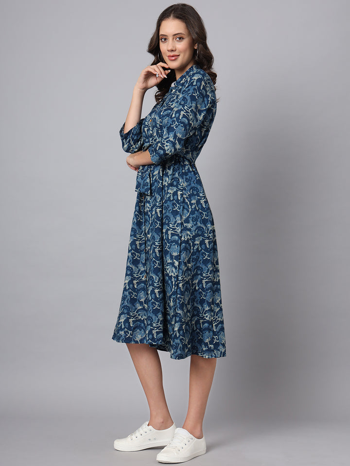 Divena Blue Floral Print Rayon Midi Dress