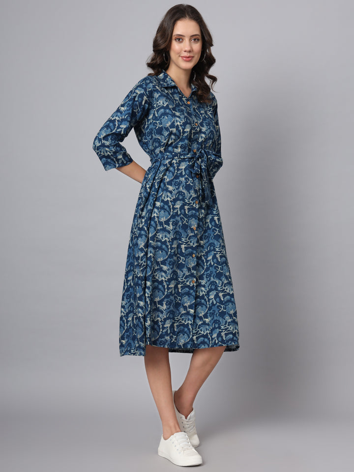 Divena Blue Floral Print Rayon Midi Dress