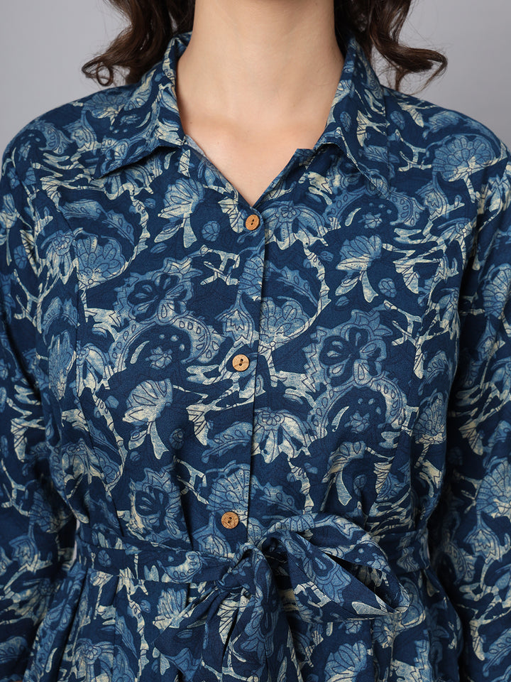 Divena Blue Floral Print Rayon Midi Dress