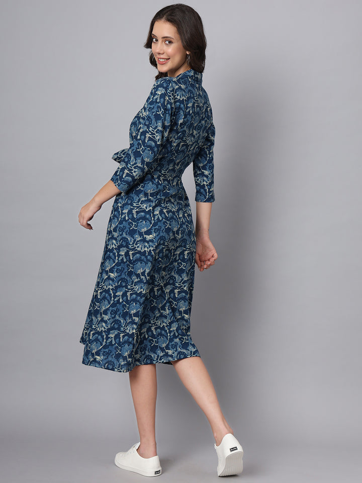 Divena Blue Floral Print Rayon Midi Dress