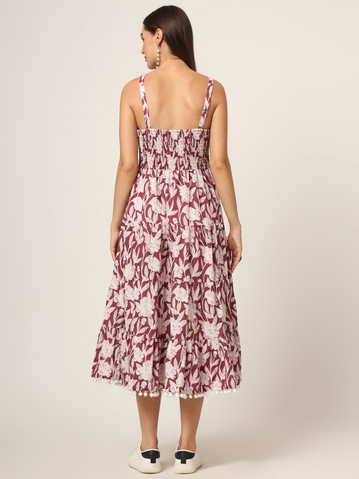 Divena Burgundy Printed Cotton Fabric Fit & Flare Dress
