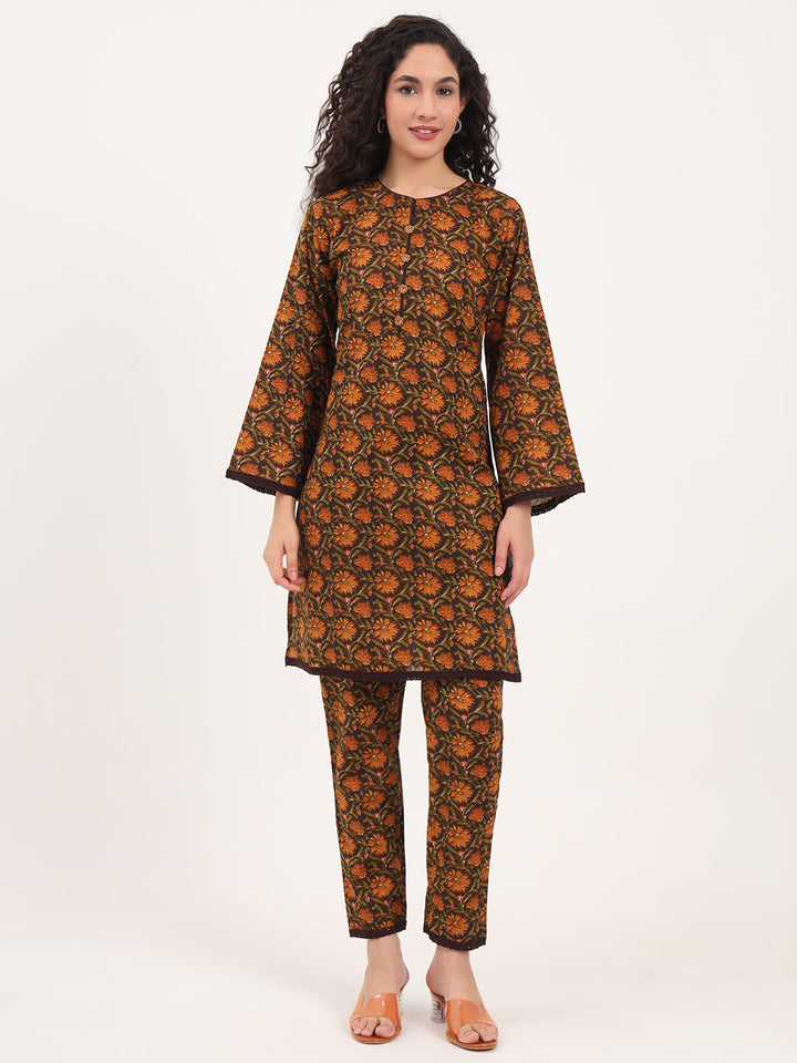 Divena Brown Floral Print Cotton Fabric Straight Kurta with Trouser