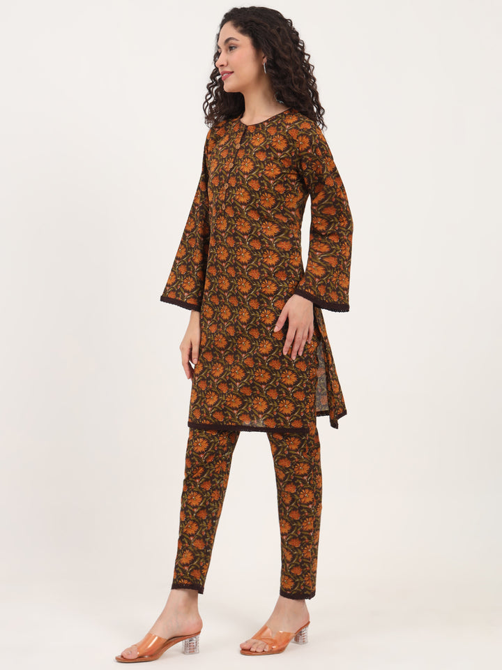Divena Brown Floral Print Cotton Fabric Straight Kurta with Trouser