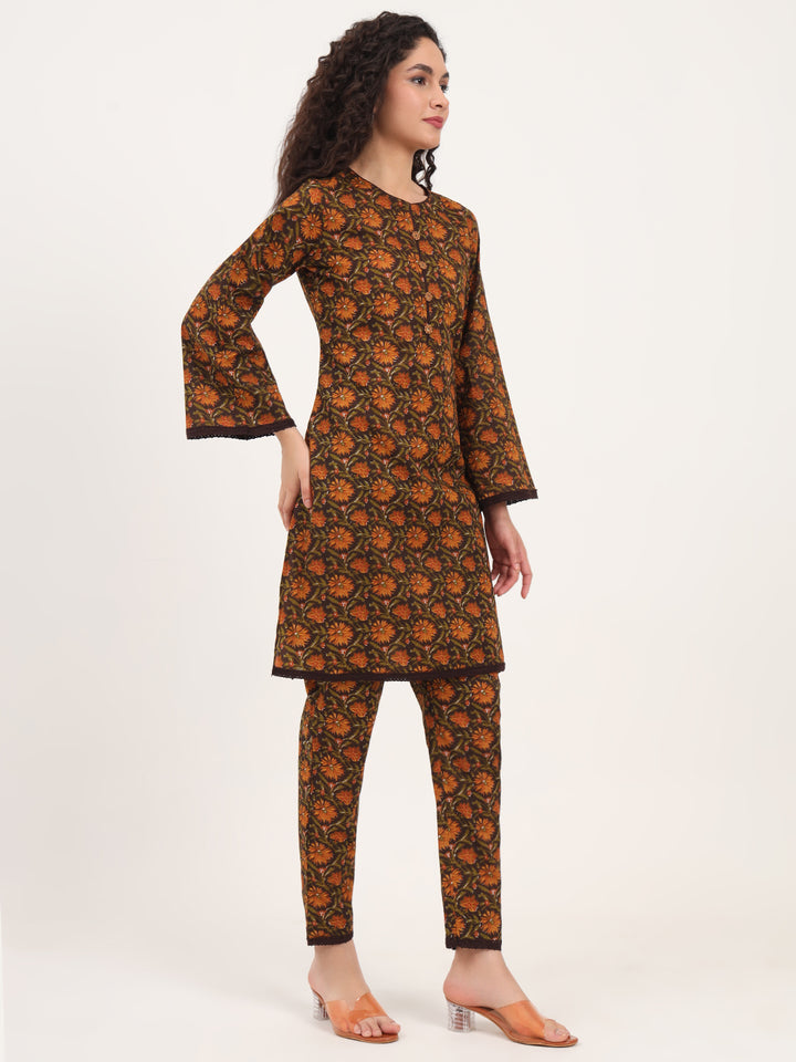 Divena Brown Floral Print Cotton Fabric Straight Kurta with Trouser