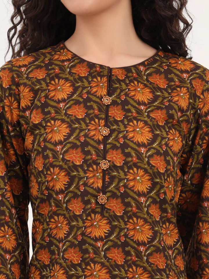 Divena Brown Floral Print Cotton Fabric Straight Kurta with Trouser