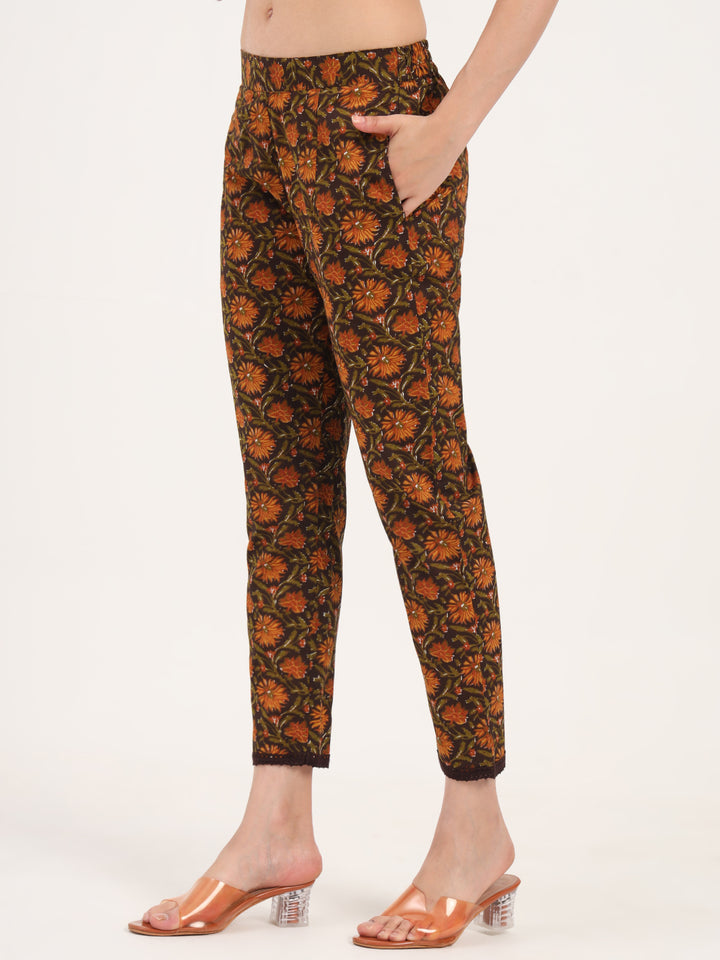 Divena Brown Floral Print Cotton Fabric Straight Kurta with Trouser